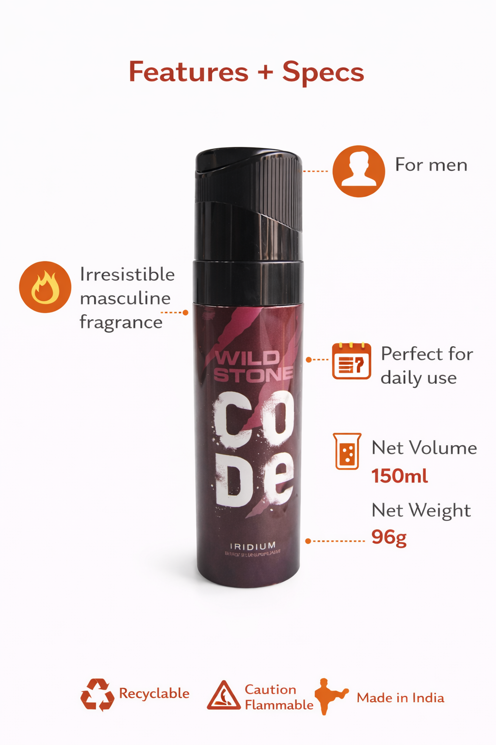 Wild Stone CODE Iridium Body Perfume Spray for Men, 150ml | Irresistible Masculine Fragrance