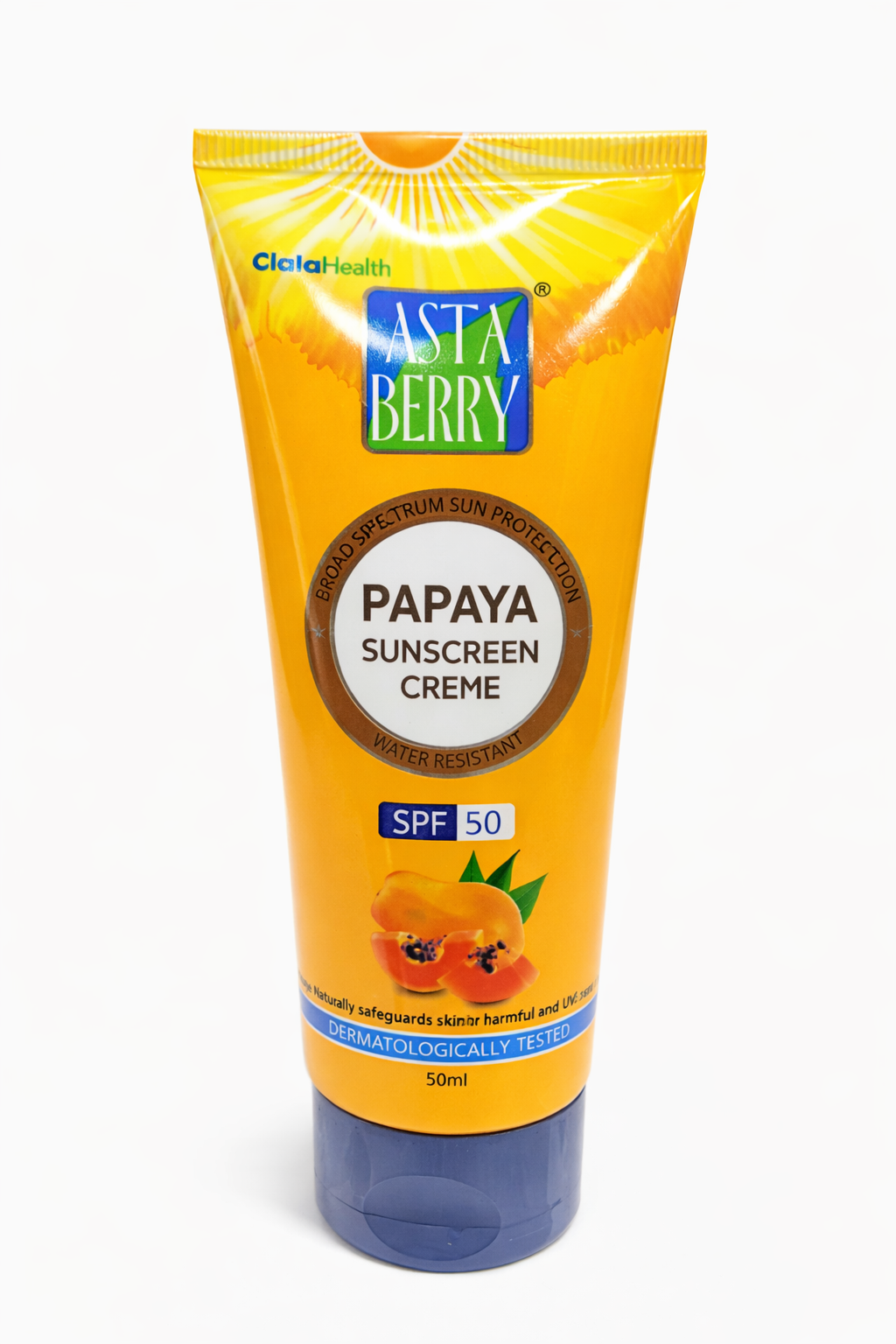 Asta Berry Papaya Sunscreen Cream SPF 50, Broad Spectrum UVA/UVB Protection, Water-Resistant Nourishing Sunscreen with Papaya Extract