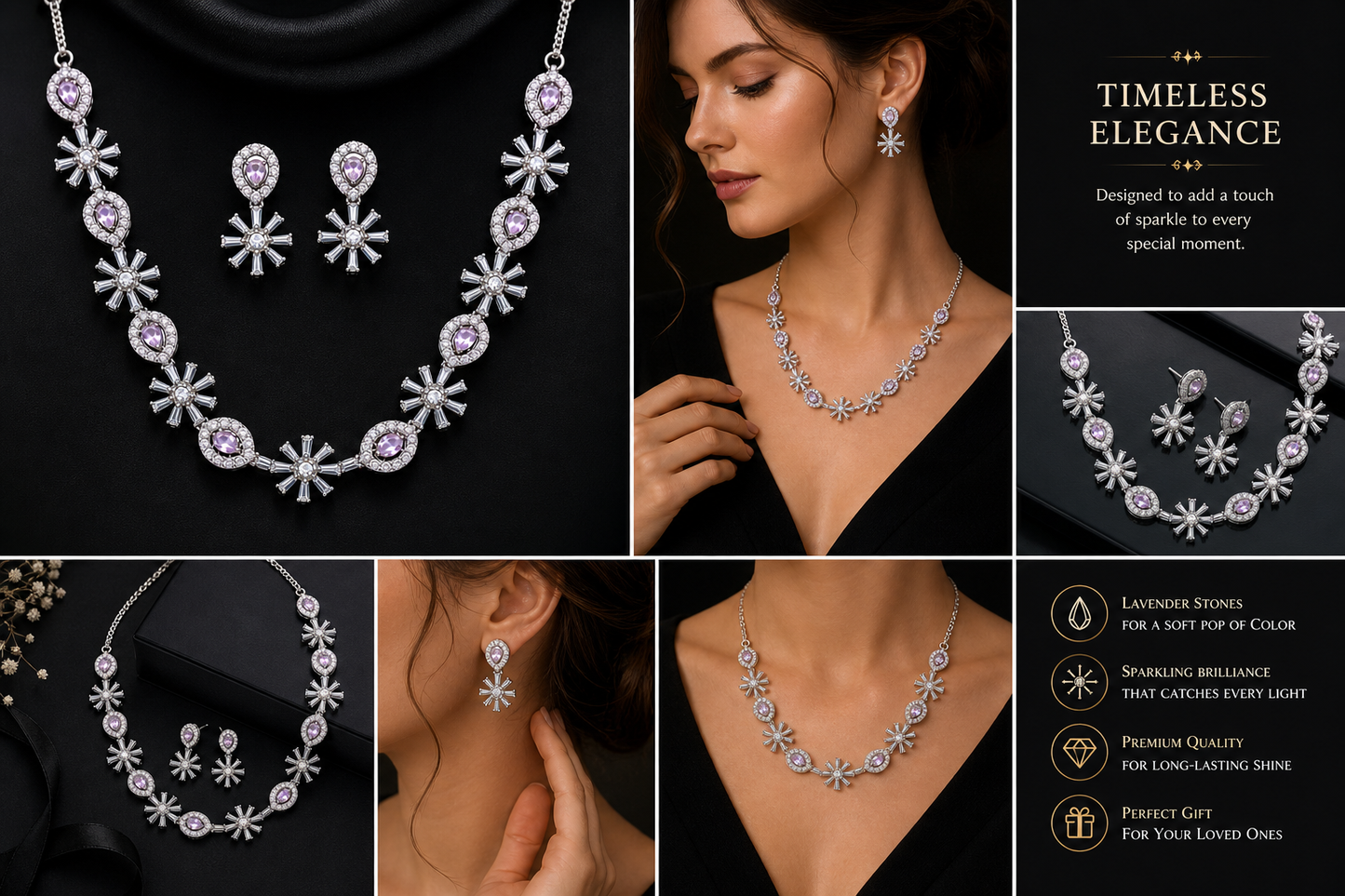 A stunning necklace and earring set adorned with lavender stones, sparkling crystals, and a radiant silver finish — crafted to make every moment special.
