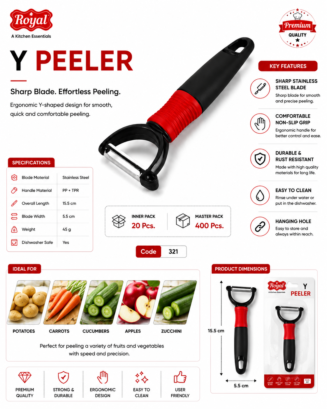 Royal Y Peeler for Kitchen, Stainless Steel Sharp Blade Vegetable & Fruit Peeler, Ergonomic Non-Slip Handle, Rust Resistant, Easy to Clean Potato Carrot Cucumber Apple Peeler, Black & Red