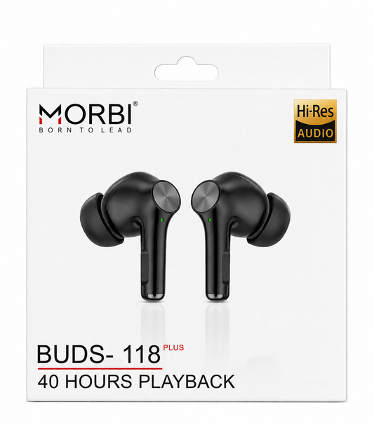 Morbi BUDS-118 PLUS True Wireless Earbuds, 40 Hours Playback, Bluetooth 5.3, Hi-Fi Stereo Sound, Deep Bass, Clear Calls with Built-in Mic, Touch Control, Low Latency, Auto Pairing, Type-C Charging, Extra Ear Tips, Black