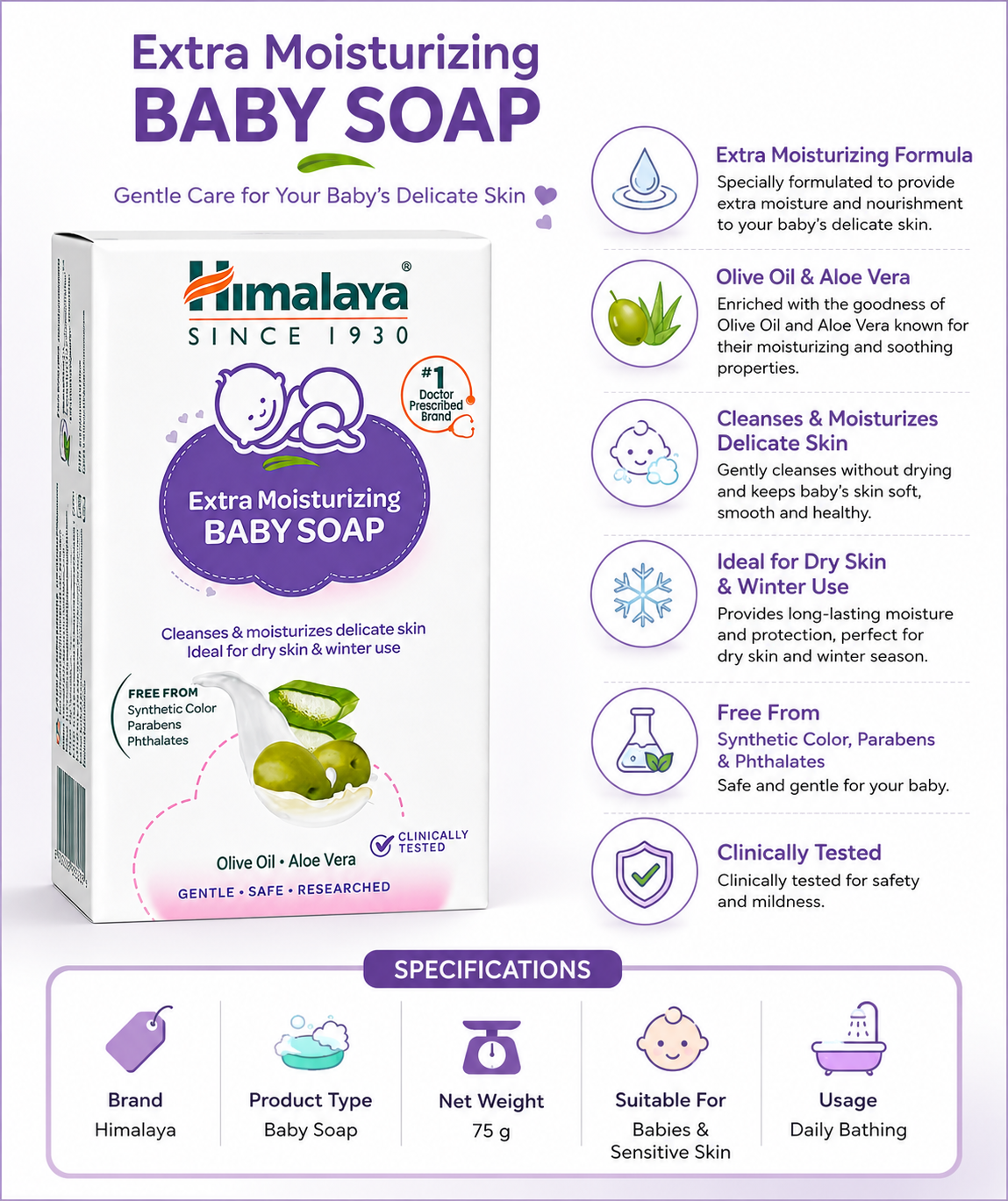 Himalaya Extra Moisturizing Baby Soap 75g | Gentle Baby Bath Soap with Olive Oil & Aloe Vera | Moisturizing Baby Soap for Dry & Sensitive Skin | Clinically Tested | Paraben & Phthalate Free