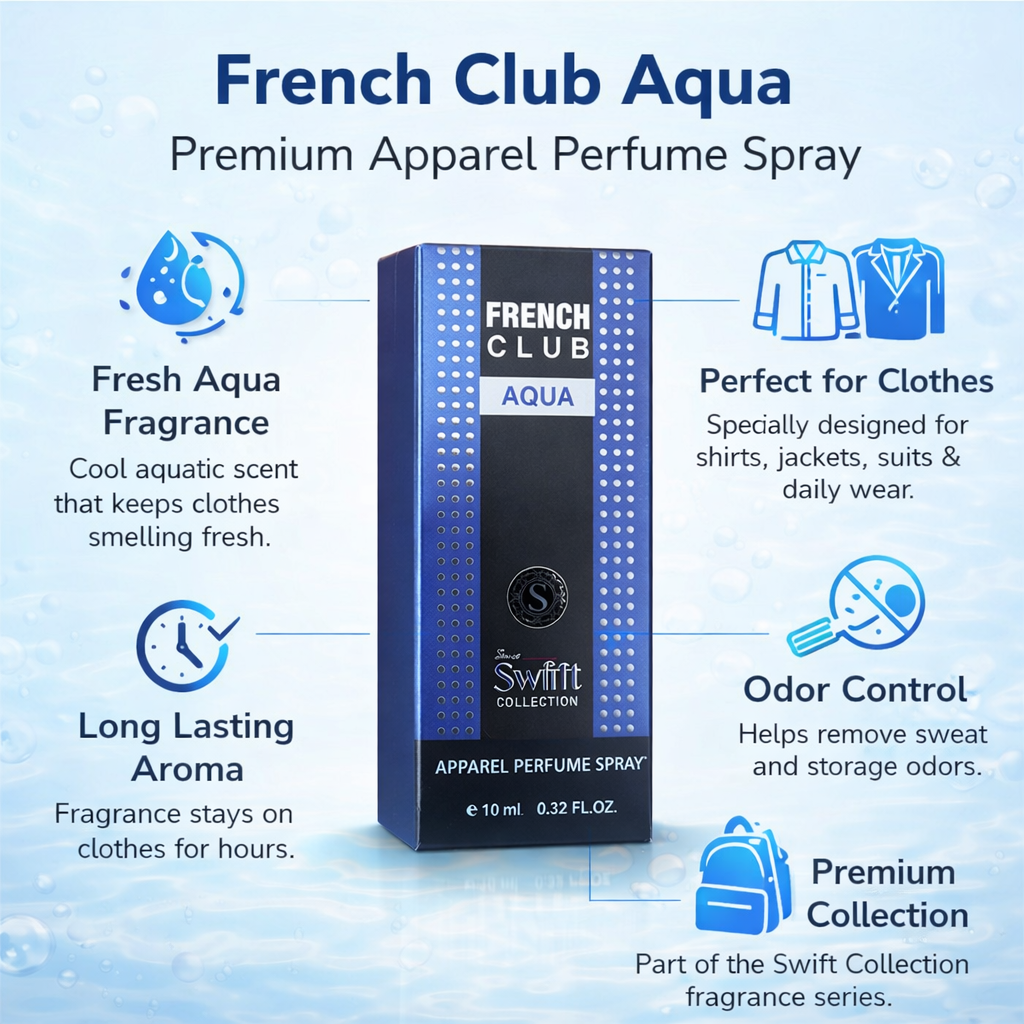 French Club Aqua Apparel Perfume Spray 10ml | Long-Lasting Fabric Perfume for Clothes