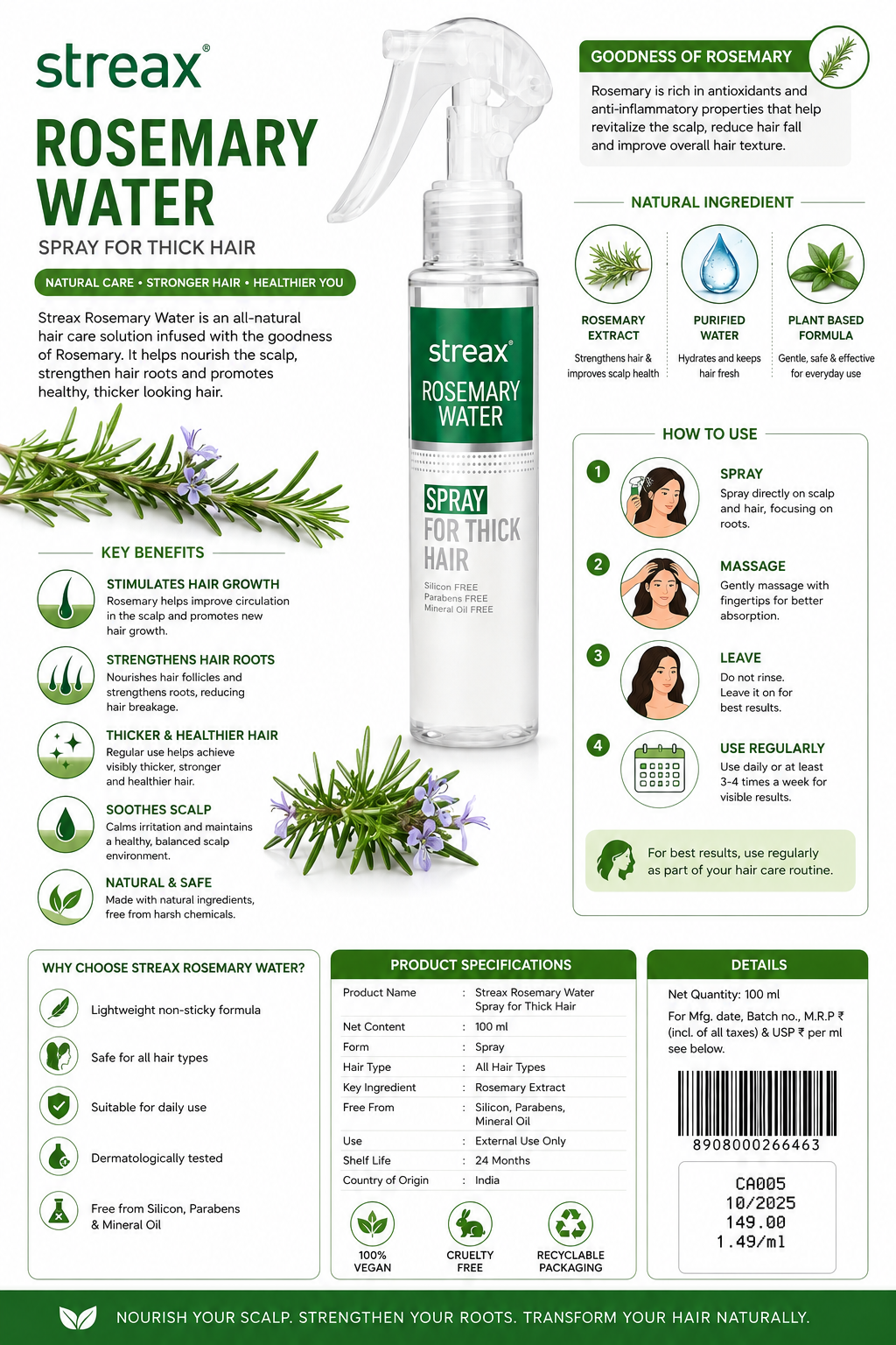 Streax Rosemary Water Spray for Hair Growth & Scalp Care – Rosemary Extract Hair Spray for Stronger, Thicker Looking Hair, Silicone Free, Paraben Free, 100 ml