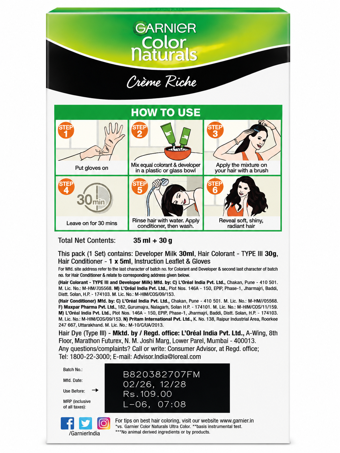 arnier Color Naturals Crème Riche Hair Color, Shade 1 Natural Black | Permanent Hair Dye with 10X Natural Oils | 100% Grey Coverage | No Ammonia Formula | Long-Lasting Rich Color
