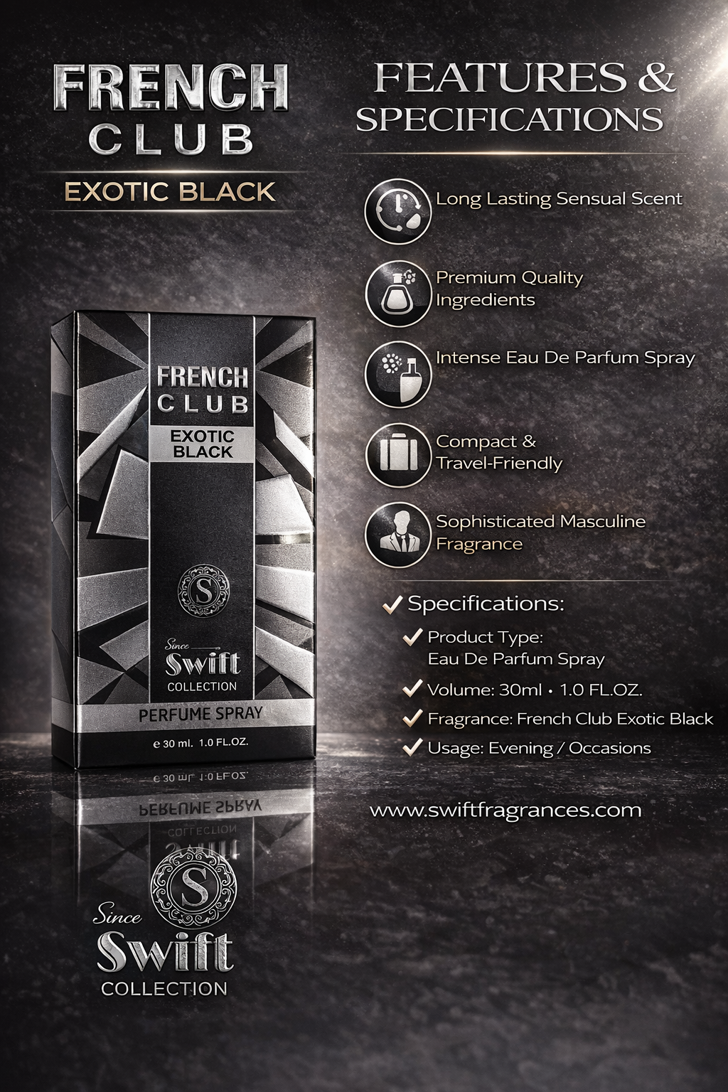 French Club Exotic Black Eau De Parfum Spray 30ml – Long Lasting Sensual Fragrance for Men | Premium Masculine Perfume | Travel Size EDP Spray