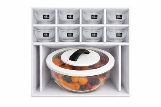 Glass Serving Bowl Set with Lid (1.5 Litre) + 6 Dessert Bowls (5.5 Inch) with Spoon | Premium Glass Pudding Bowl Set