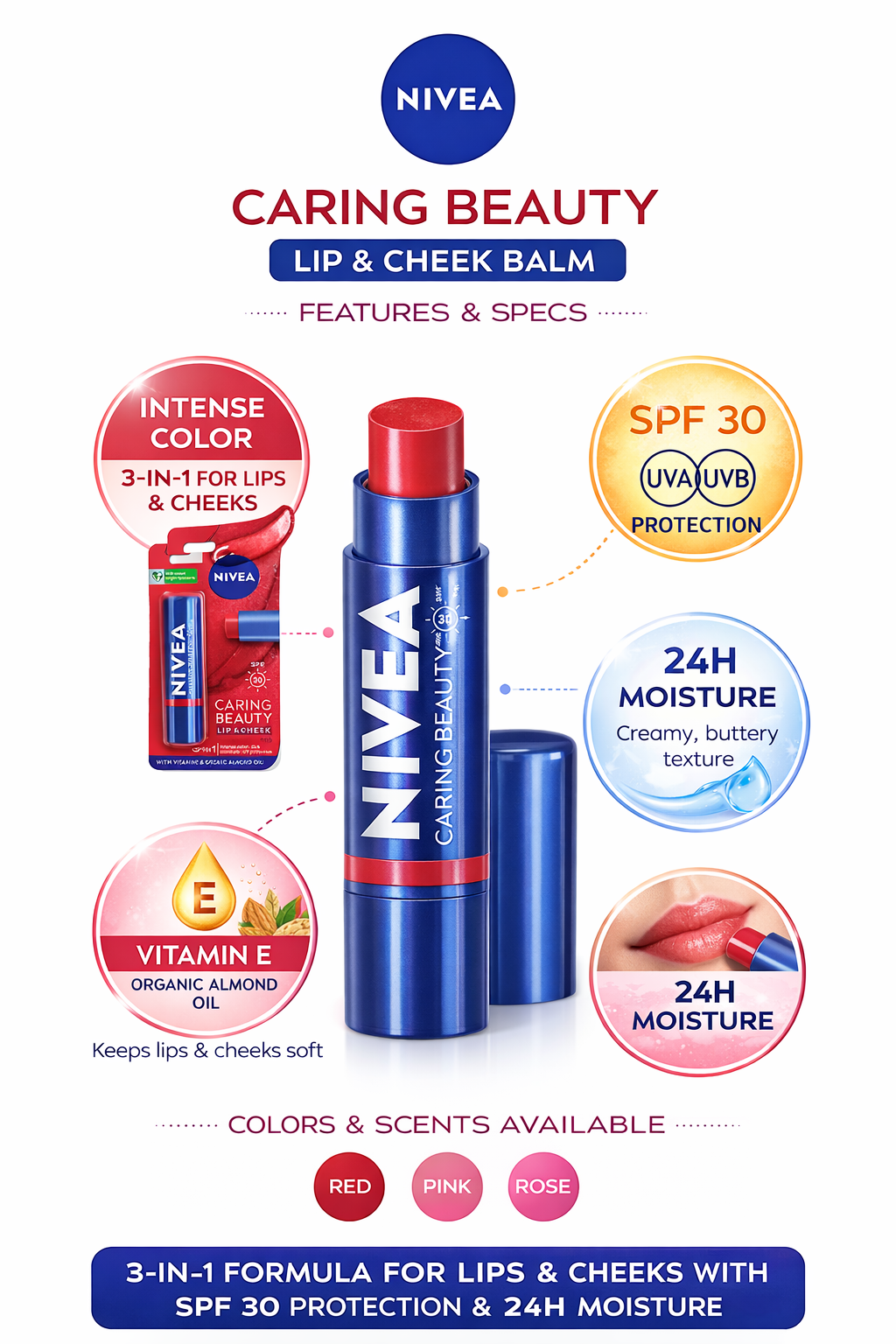 NIVEA Caring Beauty Lip & Cheek Balm SPF 30 – 3-in-1 Color Balm for Lips & Cheeks | 24H Moisture with Vitamin E & Almond Oil | Hydrating Tinted Lip Balm