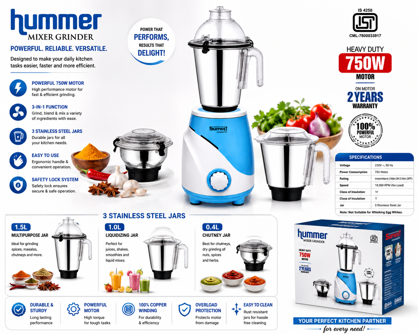 Hummer Mixer Grinder 750 Watts | 3 Stainless Steel Jars | 100% Copper Motor | Heavy Duty Kitchen Mixer Grinder | Grind, Blend & Chutney Maker | 2 Years Motor Warranty