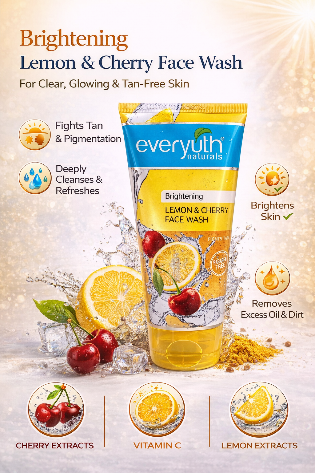 Everyuth Naturals Brightening Lemon & Cherry Face Wash with Vitamin C, Tan Removal & Deep Cleansing Face Cleanser