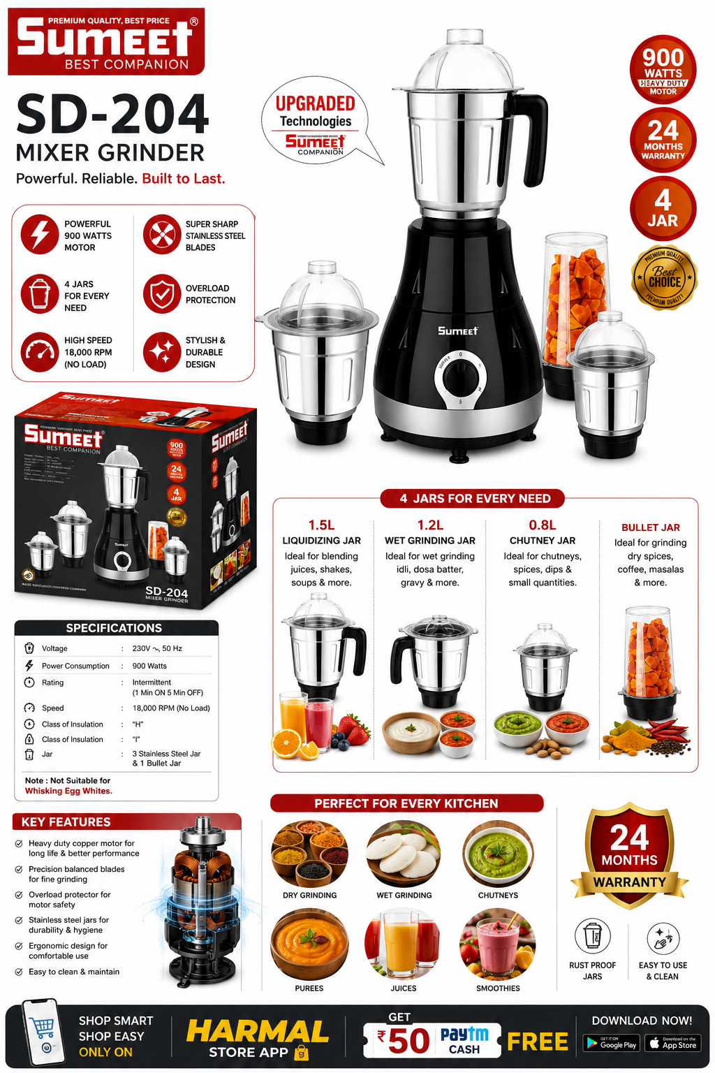 Sumeet SD-204 Mixer Grinder 900 Watts with 4 Jars, Stainless Steel Blades, Heavy Duty Copper Motor, 18000 RPM High Speed, Overload Protection, Black