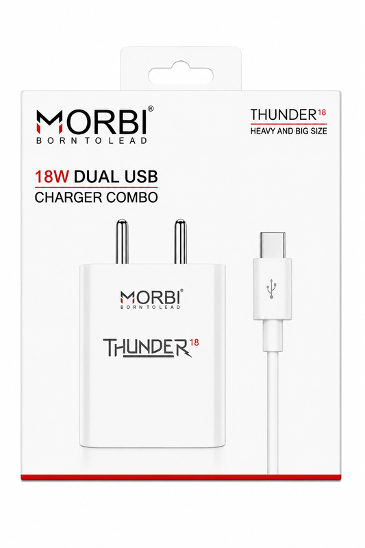 MORBI Thunder 18 18W Dual USB Charger with Type-C Cable, 2 Port Fast Charging Adapter, 2.4A USB Output, Multi Protection Wall Charger for Smartphone, Tablet, Power Bank & USB Devices