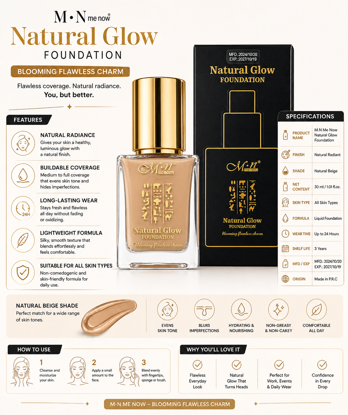 M·N Me Now Natural Glow Foundation - Liquid Foundation for Flawless Coverage & Natural Radiance