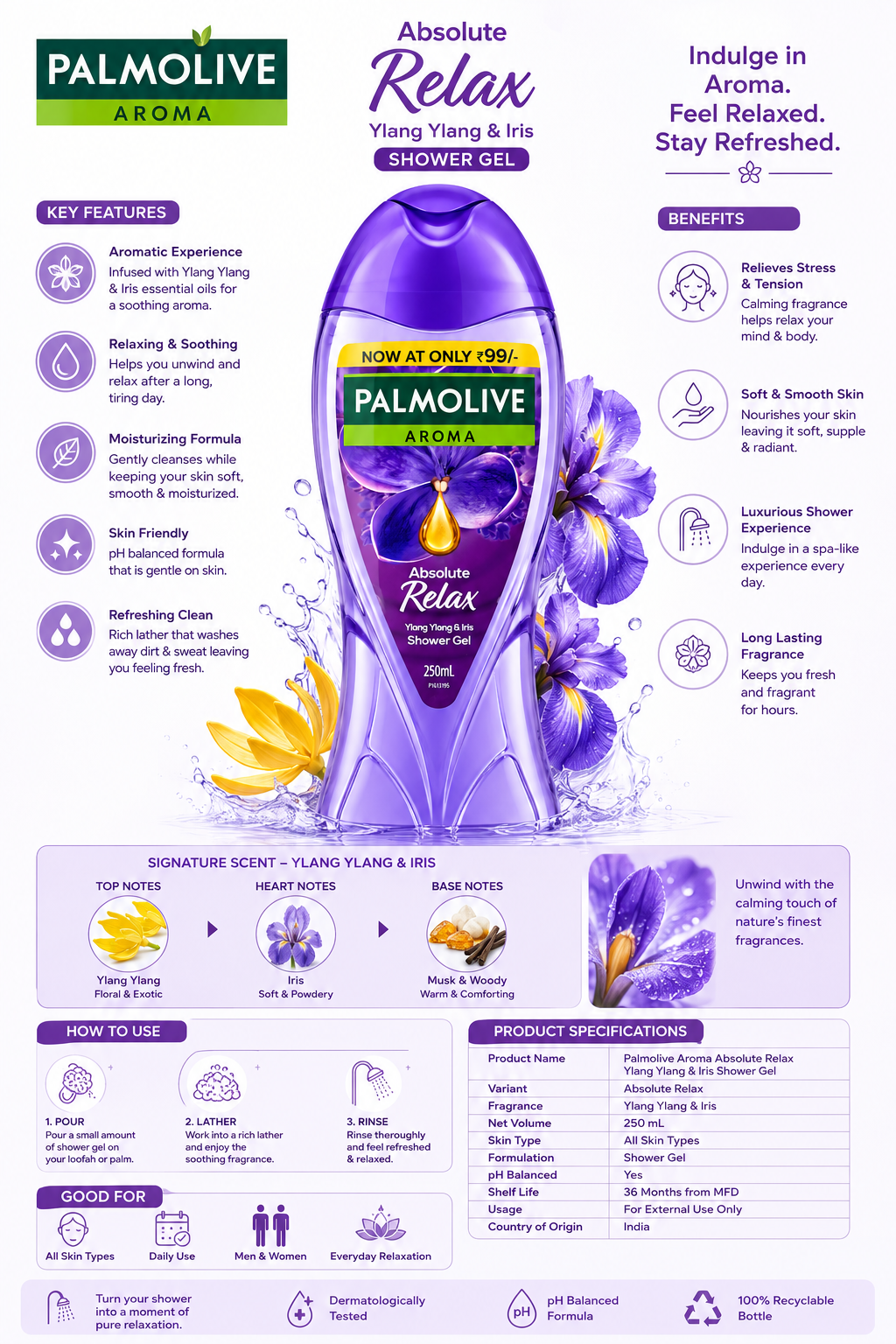 Palmolive Aroma Absolute Relax Shower Gel, Ylang Ylang & Iris, 250 ml | Relaxing Fragrance | Moisturizing Shower Gel | Soft & Smooth Skin | pH Balanced Formula