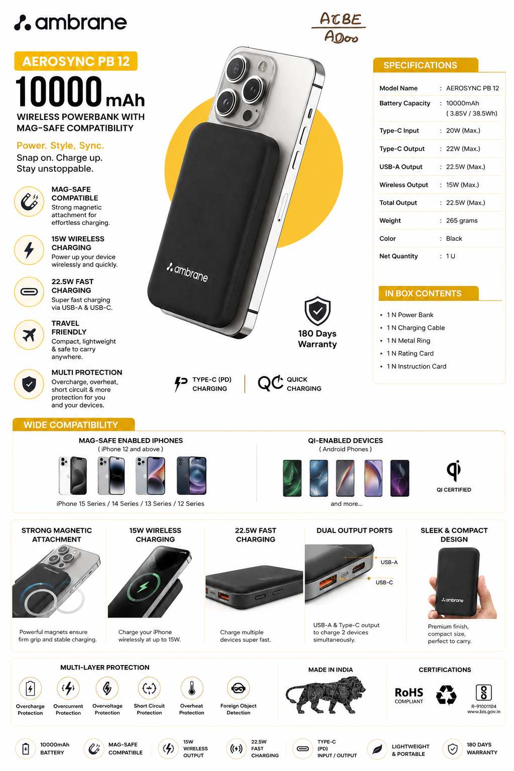 Ambrane Aerosync PB 12 10000mAh Wireless Power Bank, MagSafe Compatible, 15W Wireless Charging, 22.5W Fast Charging, USB-A & Type-C Dual Output, Type-C PD, Compact Portable Charger