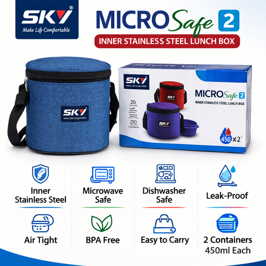 SKY MicroSafe 2 Stainless Steel Lunch Box Set (450ml x 2) | Microwave Safe Leak-Proof Tiffin Box with Carry Bag