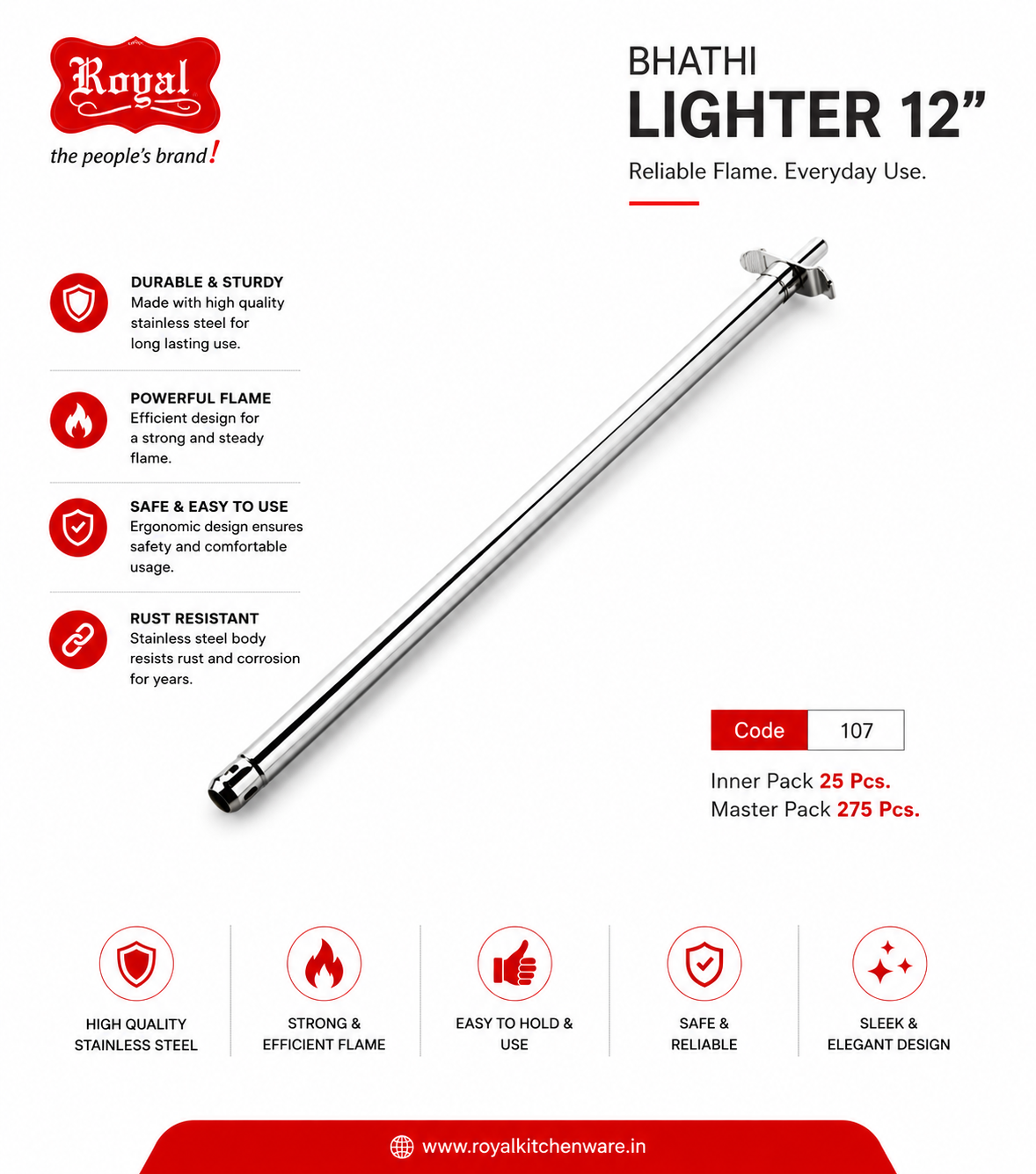 Royal Bhathi Gas Lighter 12 Inch, Stainless Steel Kitchen Gas Lighter with Jet Flame, Manual Long Handle Stove Lighter for Gas Stove, Candle, BBQ, Fireplace & Camping, Silver