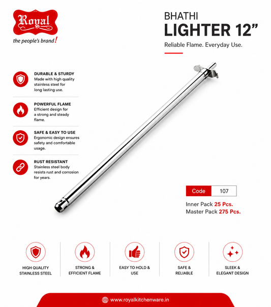 Royal Bhathi Gas Lighter 12 Inch, Stainless Steel Kitchen Gas Lighter with Jet Flame, Manual Long Handle Stove Lighter for Gas Stove, Candle, BBQ, Fireplace & Camping, Silver