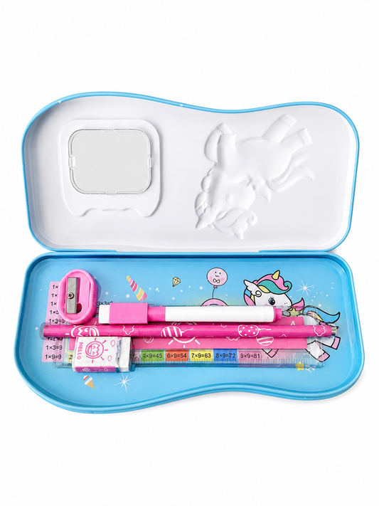 KT Stationery Unicorn Pencil Case Set for Girls – Complete All-in-One School Supply Kit with Metal Tin Case, 2 Pencils, Pen, 15cm Ruler, Eraser & Sharpener – Cute Birthday Return Gift & Classroom Essential