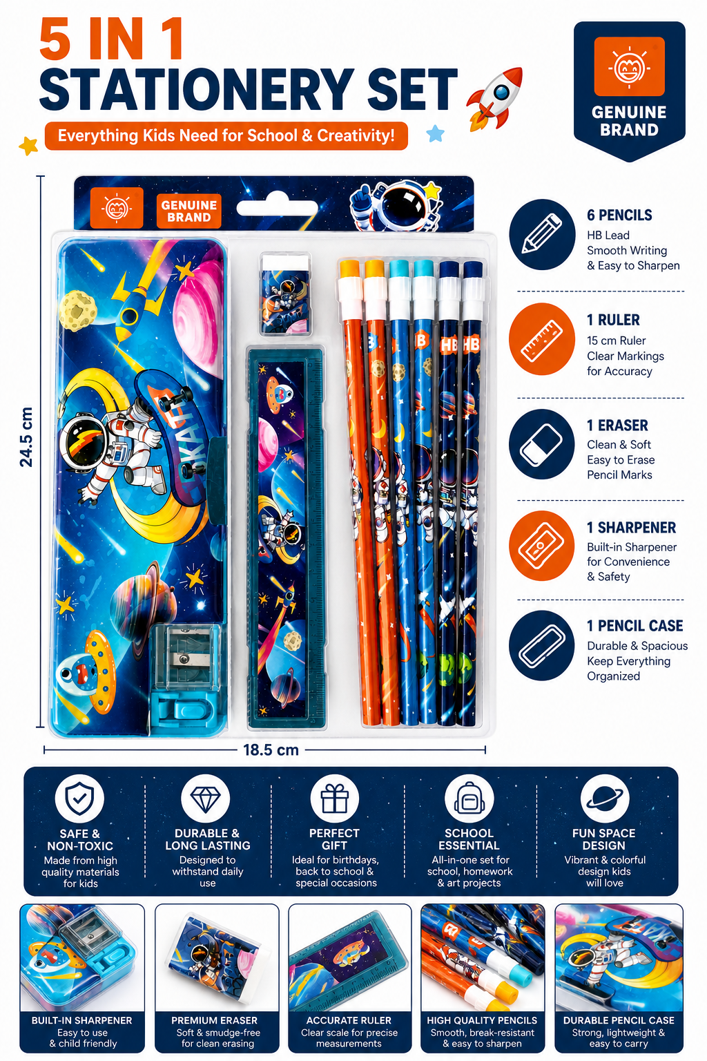 Space Adventure 12-Piece Stationery Set for Kids – Includes Astronaut Pencil Case, HB Pencils, 15cm Ruler, Eraser & Built-in Sharpener – Perfect Back to School Gift for Boys & Girls
