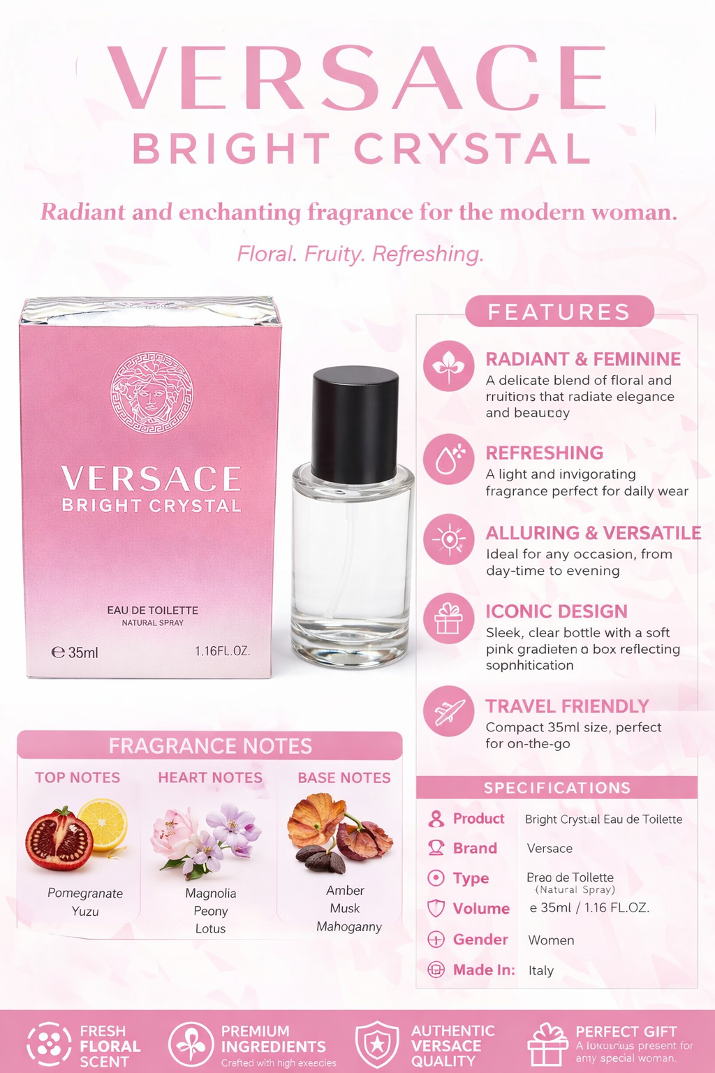 Versace ब्राइट क्रिस्टल ओ डे टॉयलेट फॉर वुमेन 35ml | देर तक टिकने वाला फ्लोरल फ्रूटी परफ्यूम | लक्ज़री फ्रेश फ़्रेगरेंस | ट्रैवल साइज़ डिज़ाइनर परफ्यूम