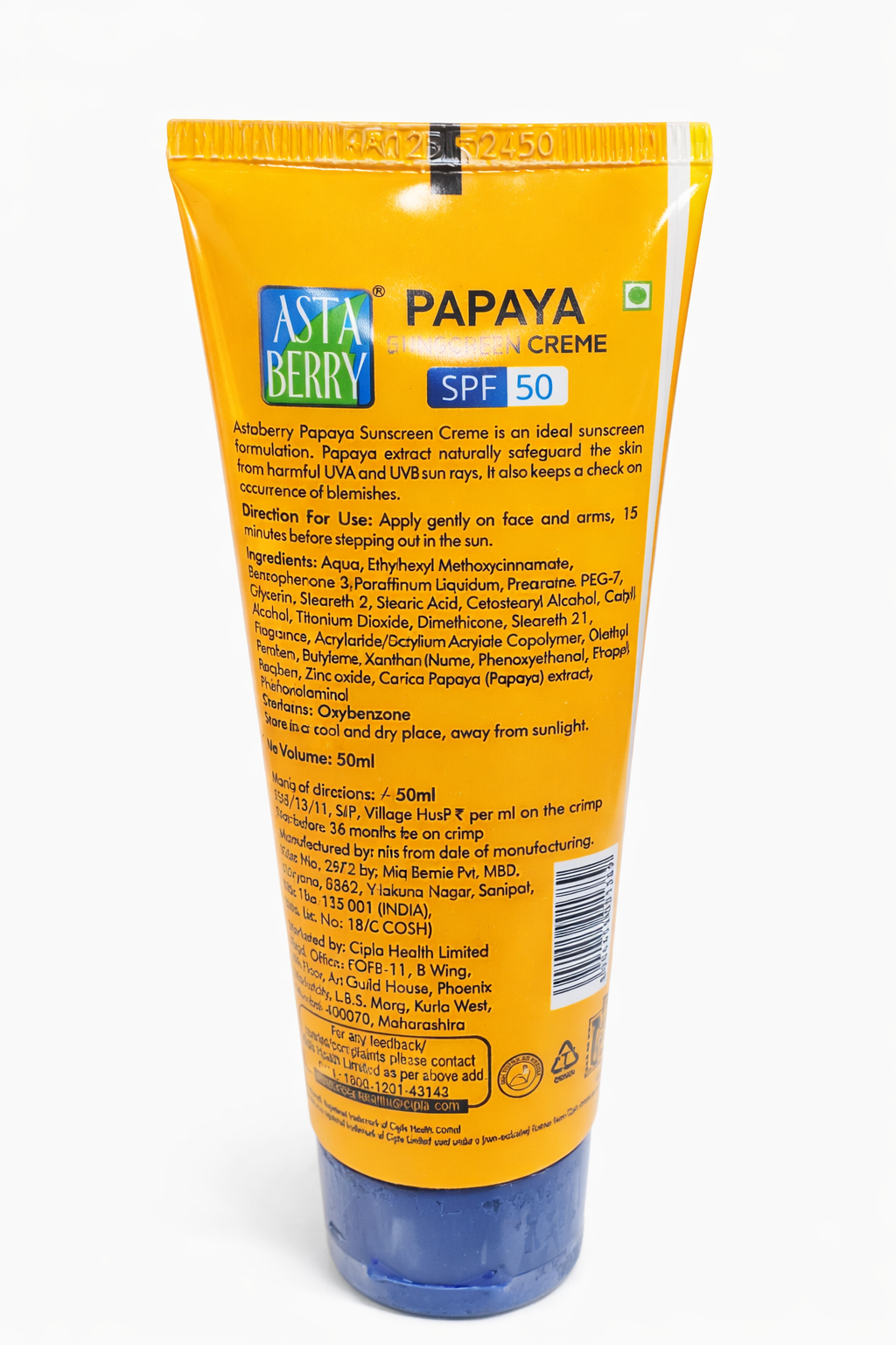 Asta Berry Papaya Sunscreen Cream SPF 50, Broad Spectrum UVA/UVB Protection, Water-Resistant Nourishing Sunscreen with Papaya Extract