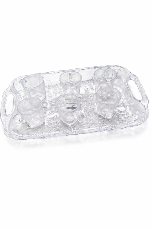 Plastic Serving Tray Set with 6 Tea Cups (100ml Each) | Transparent Durable Tray with Handles | Lightweight & Easy to Clean | Tea & Snacks Serving Set for Home, Office & Guests