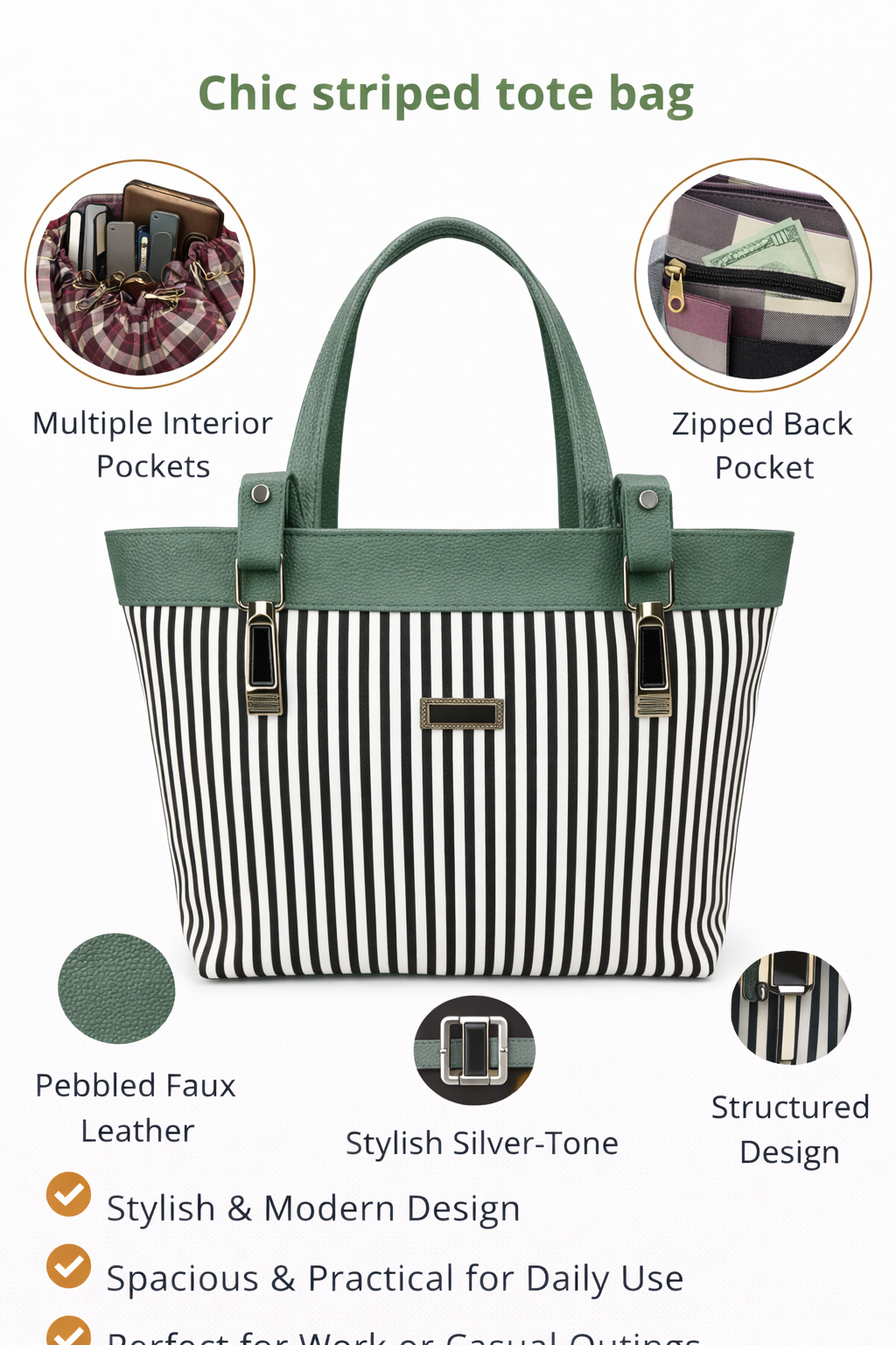 Striped Tote Bag for Women, Faux Leather Shoulder Handbag with Multiple Interior Pockets