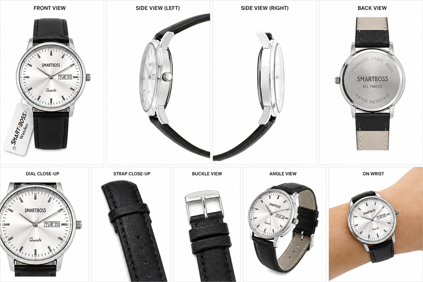 Smartboss Men’s Analog Watch with Day & Date Display | Black Leather Strap | Quartz Movement | Silver Dial Classic Wristwatch | Formal & Casual Wear