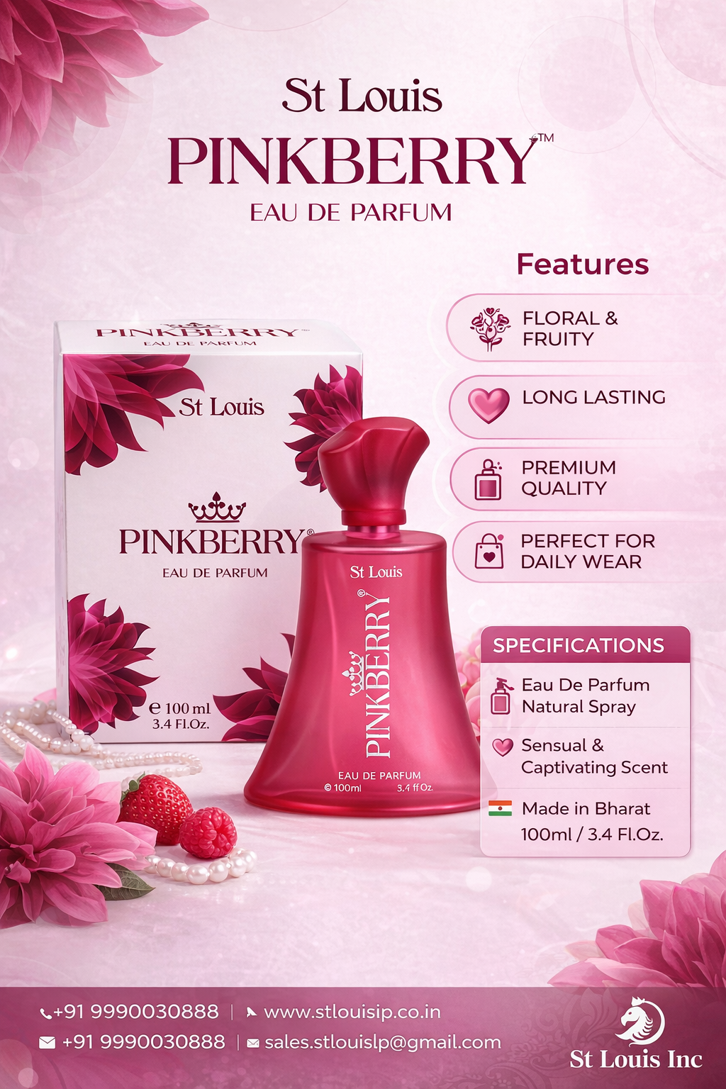 St Louis Pinkberry Eau De Parfum for Women 100ml – Long Lasting Floral & Fruity Perfume | Premium Feminine Fragrance | Daily Wear & Party Use