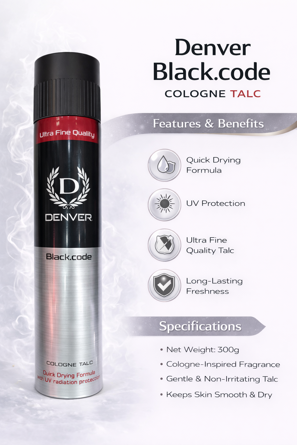 Denver Black Code Cologne Talc for Men 300g | Long Lasting Deodorizing Talcum Powder