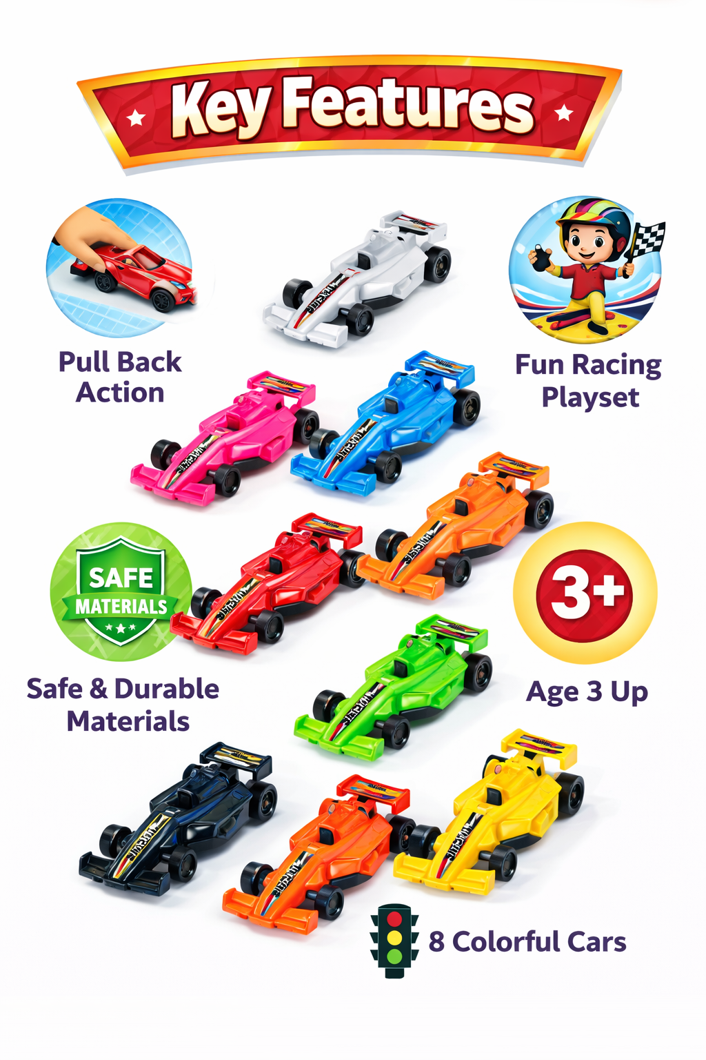 Pull Back Racing Car Toy Set for Kids (Pack of 8), Mini Formula Race Cars, Friction Powered Toy Vehicles, Colorful Racing Cars for Boys & Girls (Ages 3+)