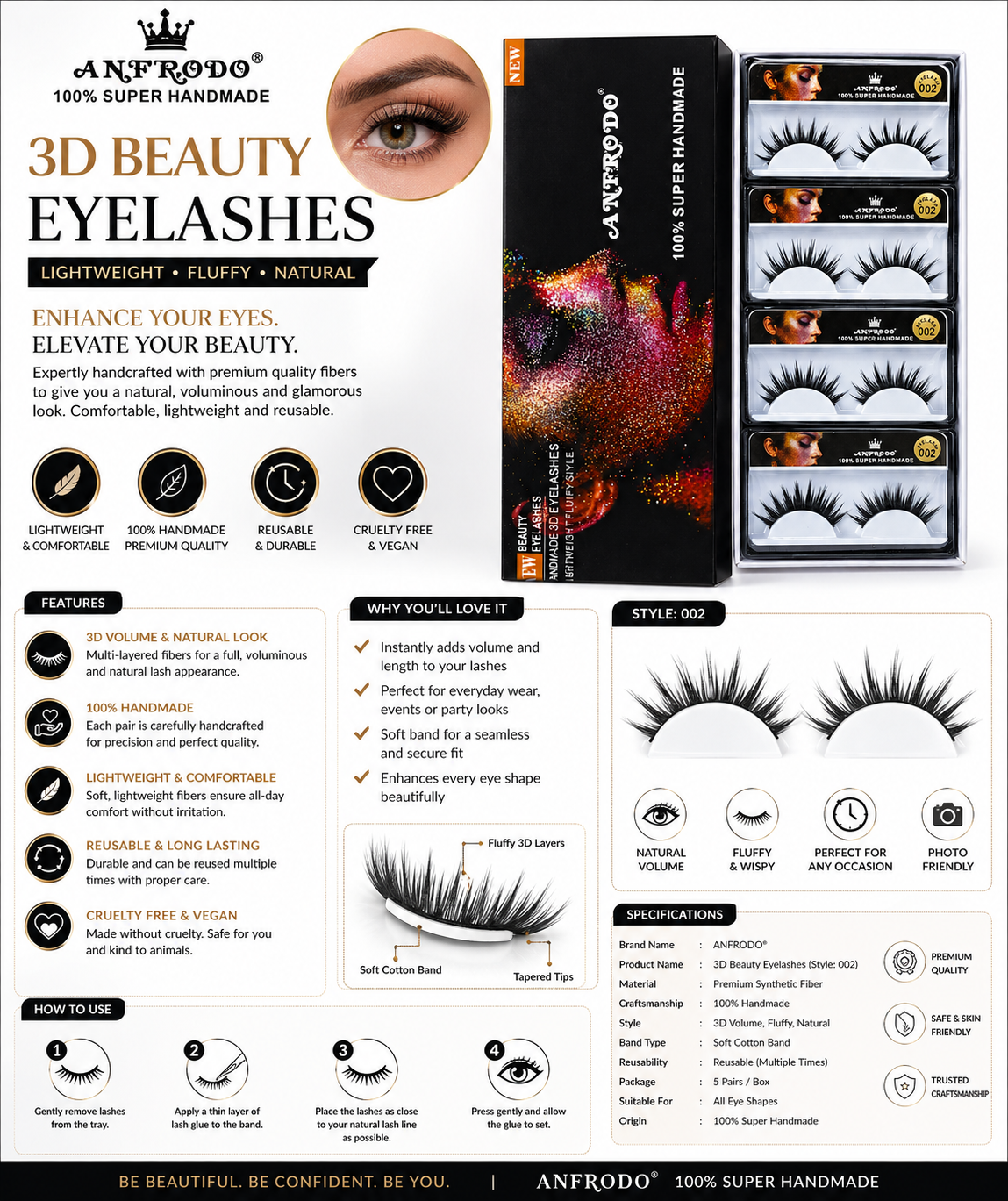 ANFRODO 3D Beauty Eyelashes - 4 Pairs Pack - 100% Super Handmade Faux Mink Lashes