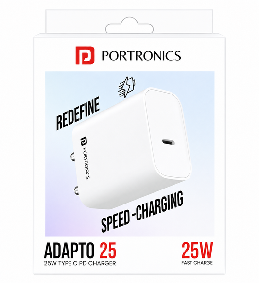 Portronics Adapto 25 25W Type C PD Charger, PD 3.0 Fast Charging Power Adapter, USB Type-C Output, PPS QC 3.0 AFC FCP Support, Compact Travel Charger for Smartphones, Tablets & More