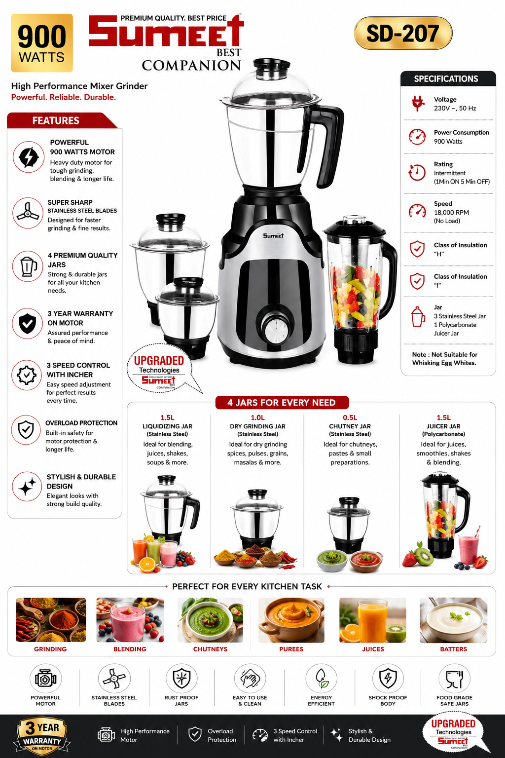 Sumeet SD-207 Mixer Grinder 900 Watts | 4 Jars Including Juicer Jar | Stainless Steel Jars | 3 Speed Control with Incher | Heavy Duty Motor | Overload Protection | 3 Years Warranty