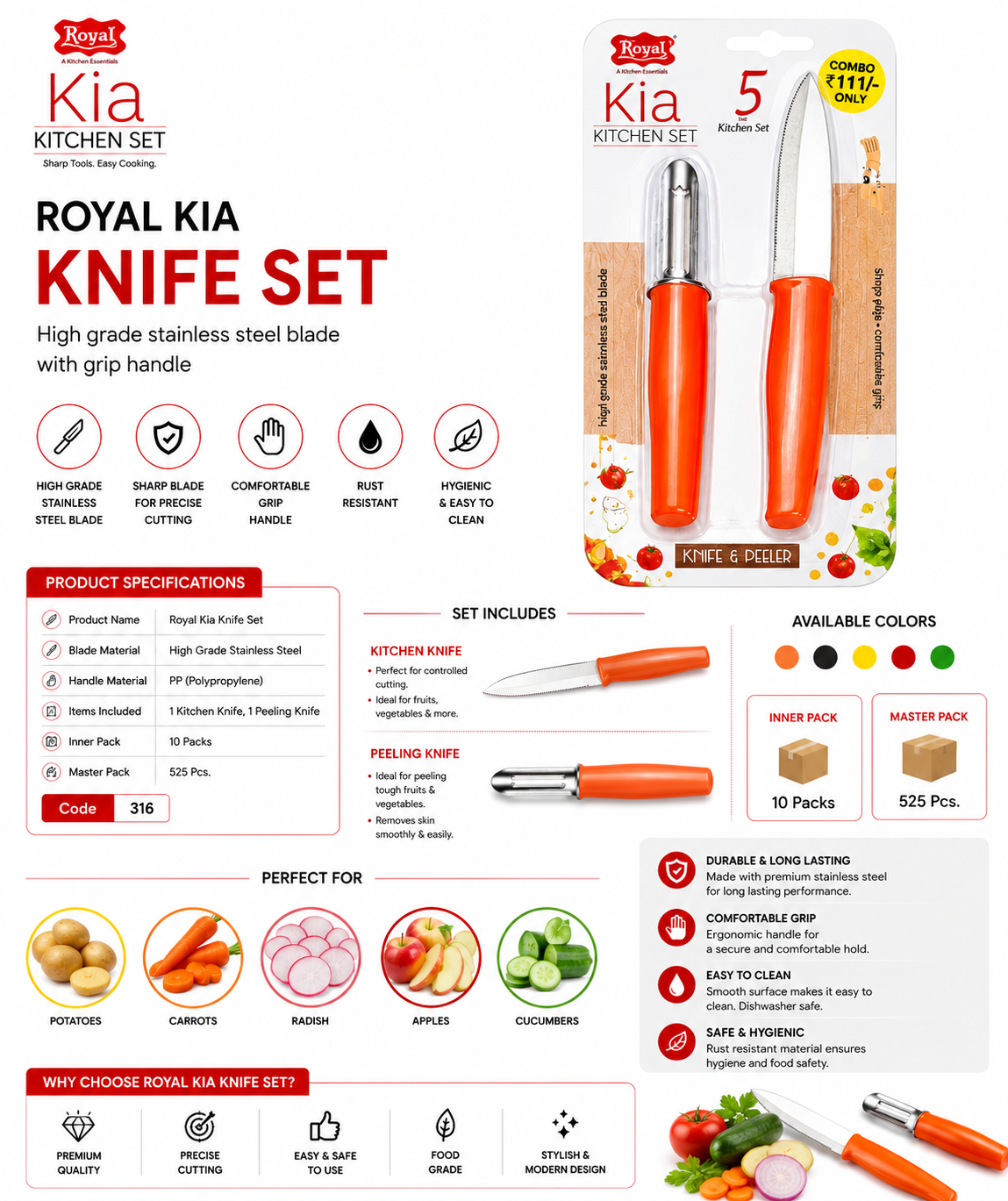 Royal Kia Knife Set with Peeler, 2 Piece Kitchen Knife & Vegetable Peeler Set, High Grade Stainless Steel Blade, Ergonomic Grip Handle, Rust Resistant, Multipurpose Fruit & Vegetable Cutter, Orange