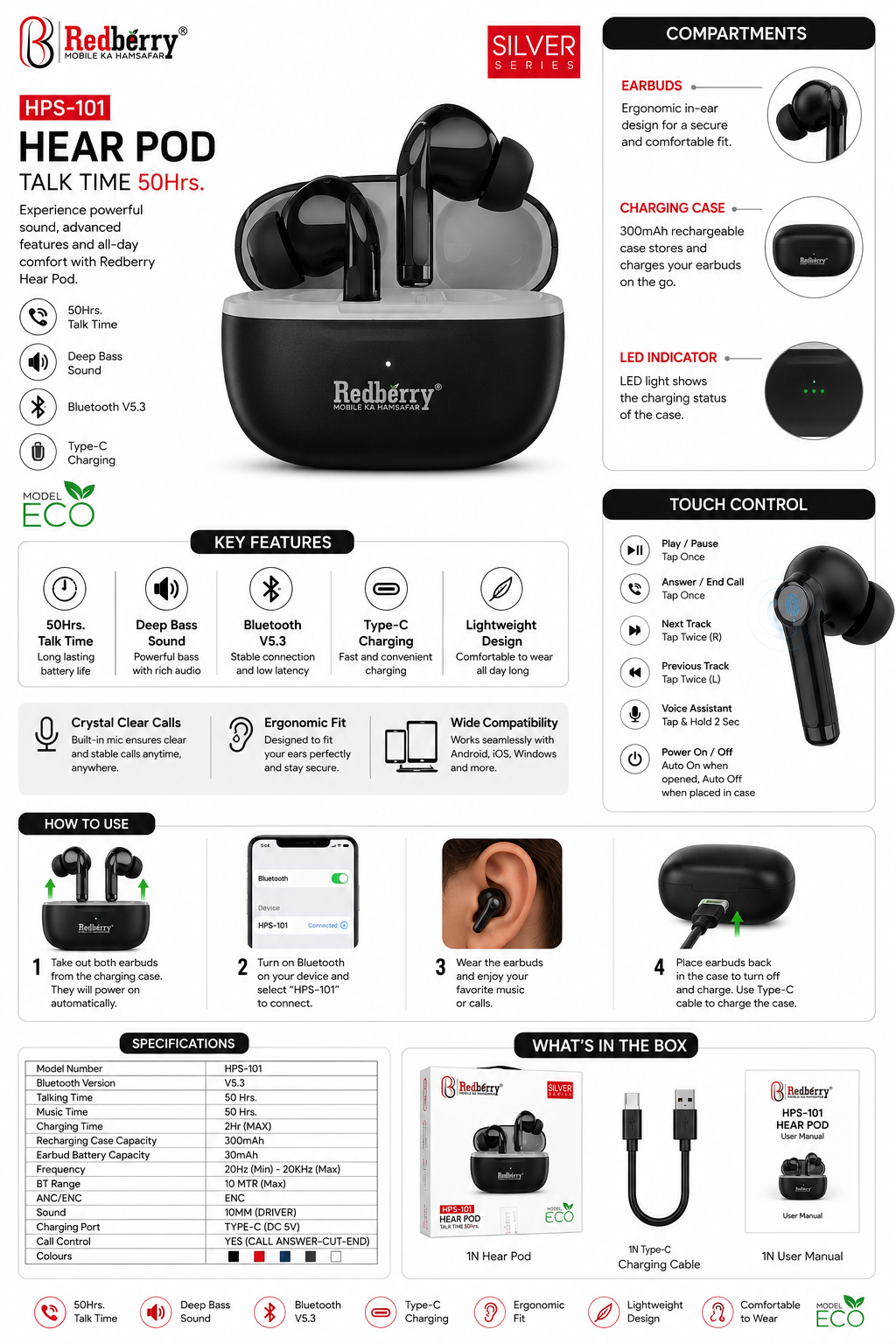 Redberry HPS-101 Hear Pod True Wireless Earbuds, Bluetooth 5.3, Up to 50 Hours Talk Time, Deep Bass Sound, ENC, Clear Calling, Touch Control, Type-C Charging, Auto Pairing, Lightweight Ergonomic Design, Black