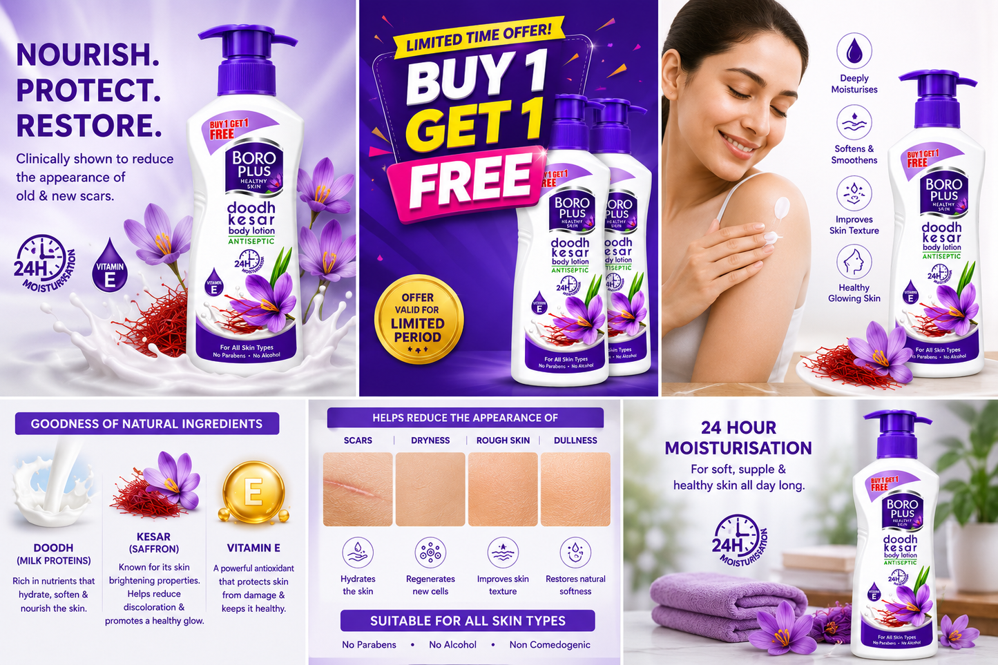 BoroPlus Doodh Kesar Body Lotion with Milk Proteins, Saffron & Vitamin E – Deep Moisturizing Body Lotion for Soft, Smooth & Nourished Skin, 24-Hour Hydration, 300ml