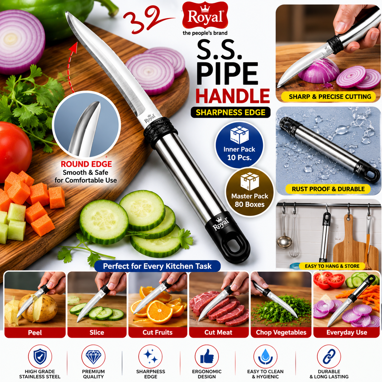 Royal Soft Grip Plain Utility Knife 8 Inch & 9 Inch |  | Multipurpose Knife for Vegetables, Fruits, Meat & Herbstainless Steel Sharp Kitchen Knife | Ergonomic Non-Slip Handle | Utility Knife for Meat, Vegetables, Fruits, Bread & Daily Kitchen Use