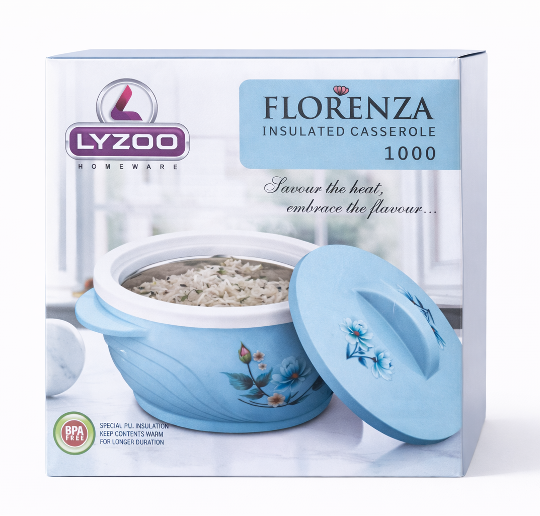 Lyzo Florenza Insulated Casserole 1 Litre, BPA-Free Hot Case with Stainless Steel Inner, PU Insulation, Keeps Food Hot & Fresh, Durable Serving Bowl with Lid & Handle