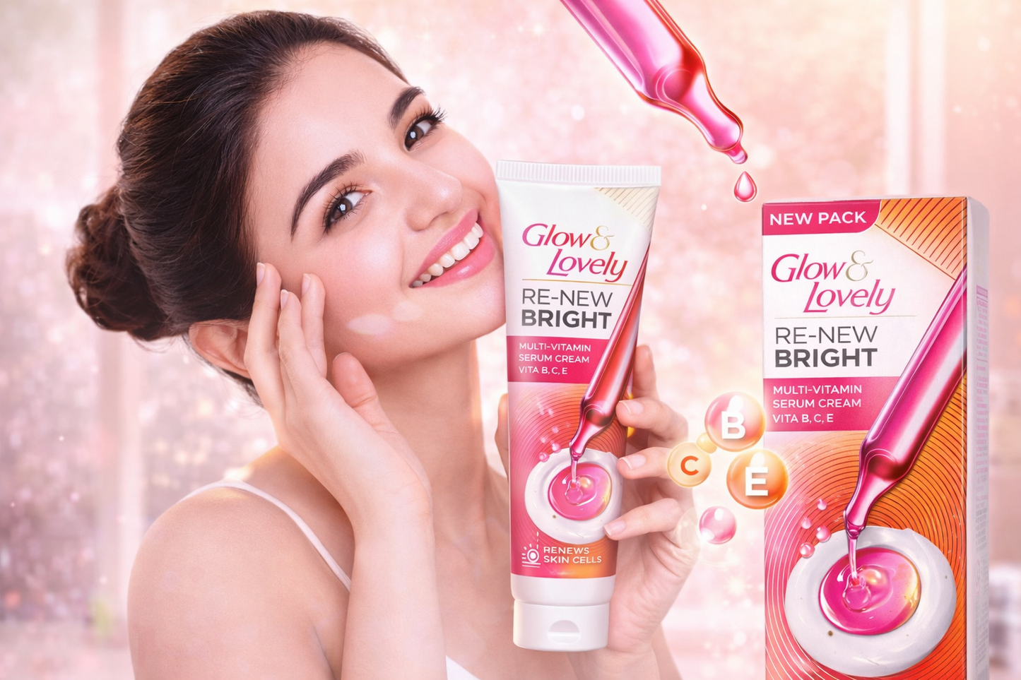 Glow & Lovely Re-New Bright Face Cream 50g, Multi-Vitamin Serum Cream with Vitamin B3, C & E, Skin Brightening, Moisturising & Even Tone Cream, Dermatologically Tested