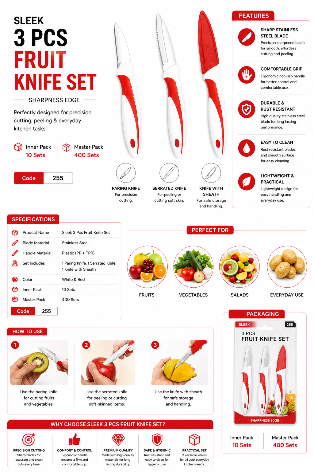Sleek 3 Pcs Fruit Knife Set with Sheath, Stainless Steel Paring Knife & Serrated Knife Set, Multipurpose Kitchen Knives for Fruits, Vegetables & Salad, Ergonomic Grip Handle, White & Red