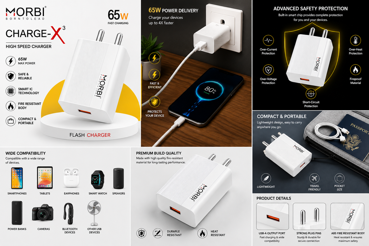 MORBI Charge-X3 65W Fast Charger, High-Speed USB-A Wall Charger Adapter with Smart IC & Multi-Protection, Compact Travel Charger for Smartphone, Tablet, Earbuds, Smartwatch, Power Bank & Bluetooth Speaker