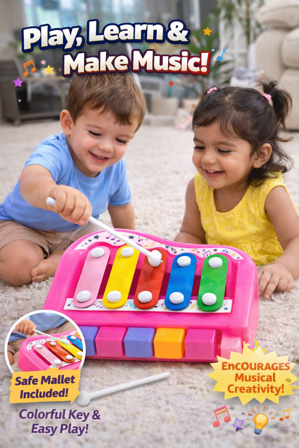 Kids Piano with Xylophone Toy, Musical Instrument Toy with Colorful Keys & Safe Mallet, Early Learning Music Toy for Toddlers (18+ Months), BPA-Free Educational Toy