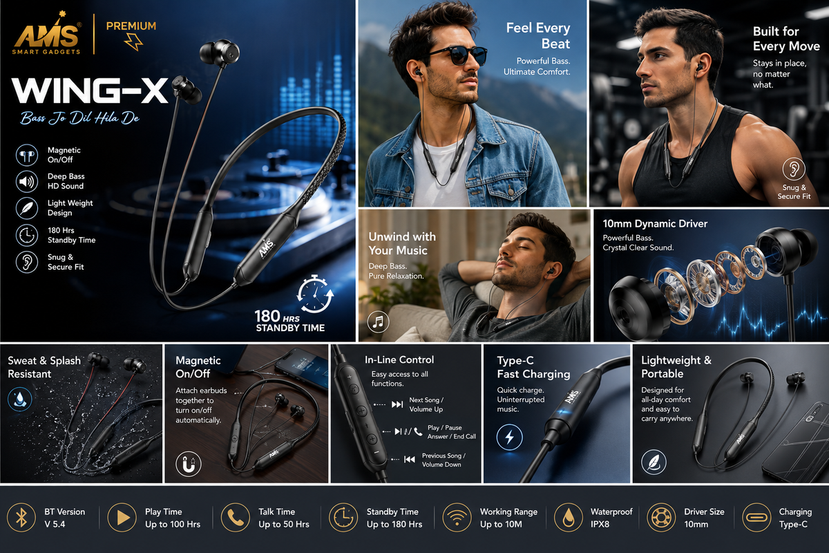 AMS WING-X Wireless Bluetooth Neckband Earphones with Mic, 100 Hours Playtime, Bluetooth 5.4, IPX8 Waterproof, Magnetic Earbuds, 10mm Driver, Stereo Sound, Lightweight Neckband, Fast Charging
