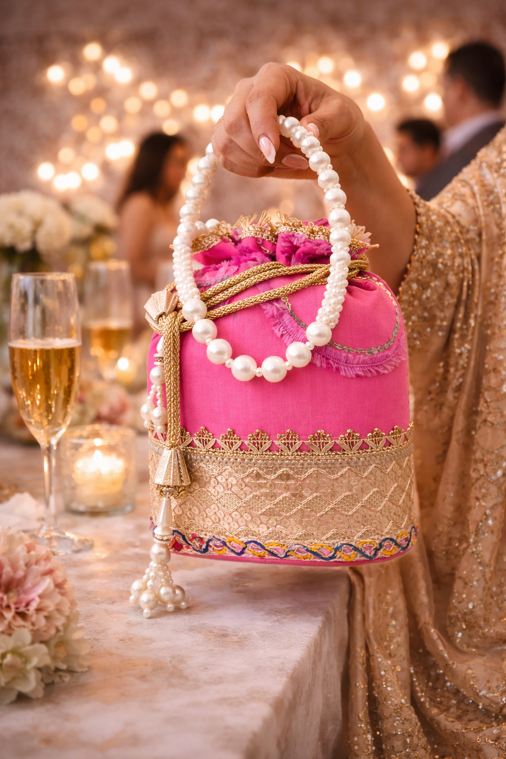 Pink Potli Bag for Women, Embroidered Drawstring Ethnic Clutch Purse with Pearl Handle and Tassels