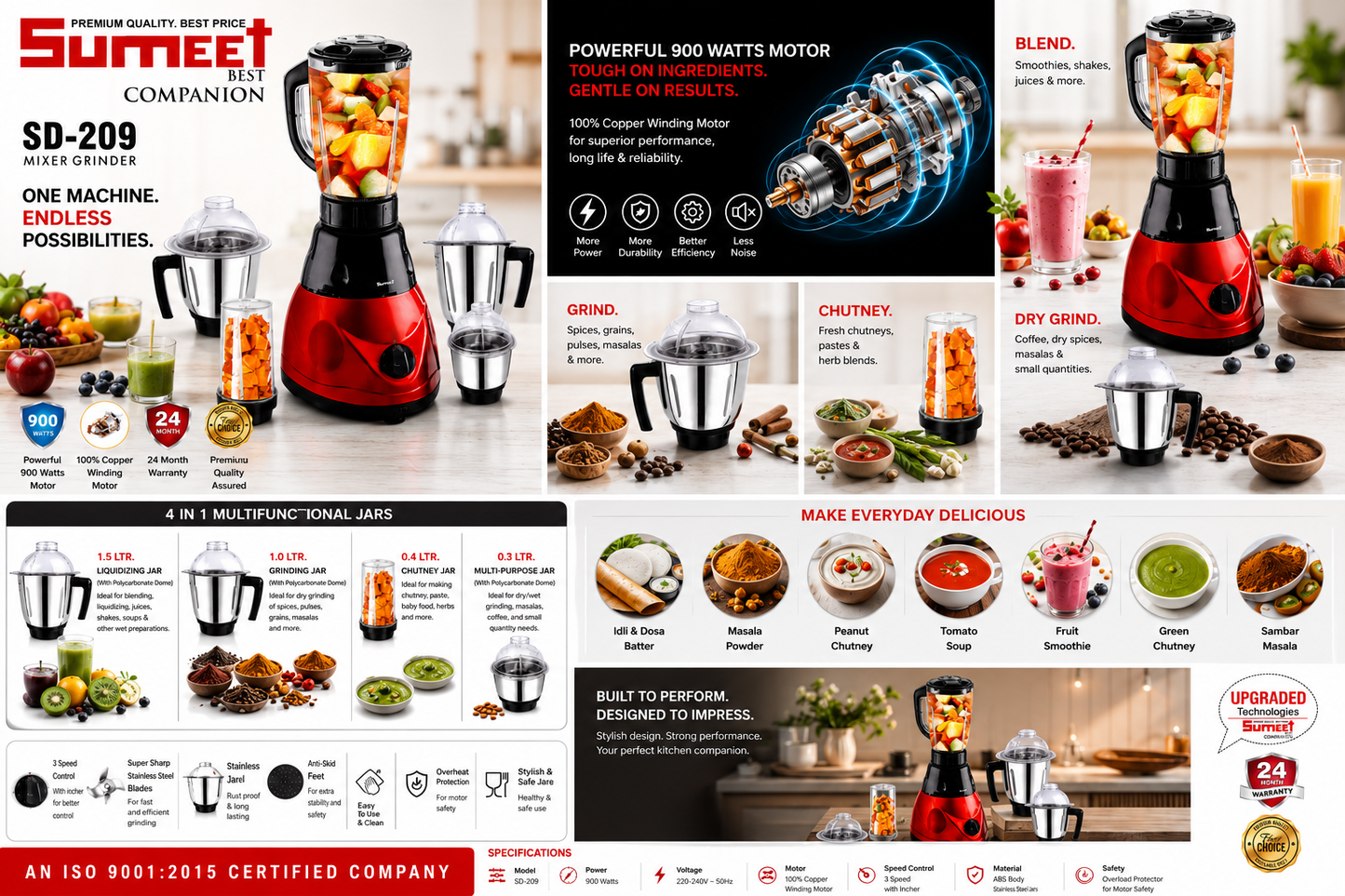 Sumeet SD-209 Mixer Grinder 900W | 4 Stainless Steel Jars (1.5L Liquidizing, 1L Grinding, 0.4L Chutney & 0.3L Multi-Purpose) | 100% Copper Motor | 3 Speed Control | Red & Black