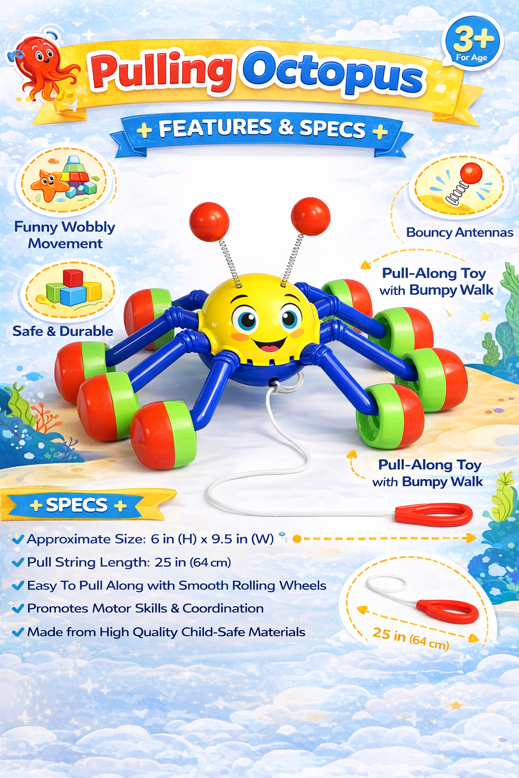 Pulling Octopus Toy for Kids (3+ Years) – Pull Along Wobbly Octopus with Bumpy Walk, Moving Legs, Bouncy Antennas, Motor Skill Development Toy
