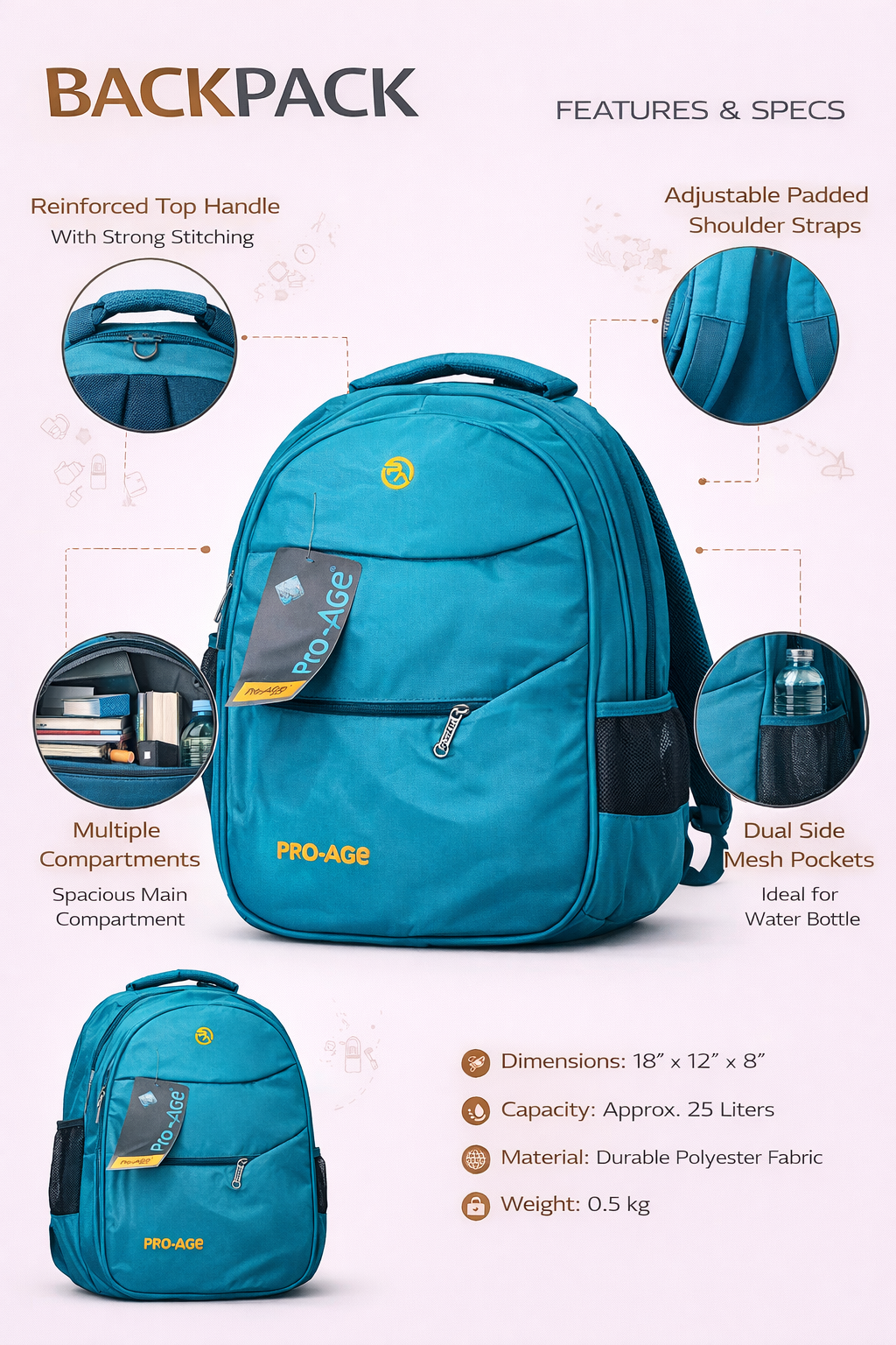 Pro-Age School Backpack for Boys and Girls, 25L Polyester Backpack with Multiple Compartments, Padded Shoulder Straps, Side Bottle Pockets, 18 x 12 x 8 Inch