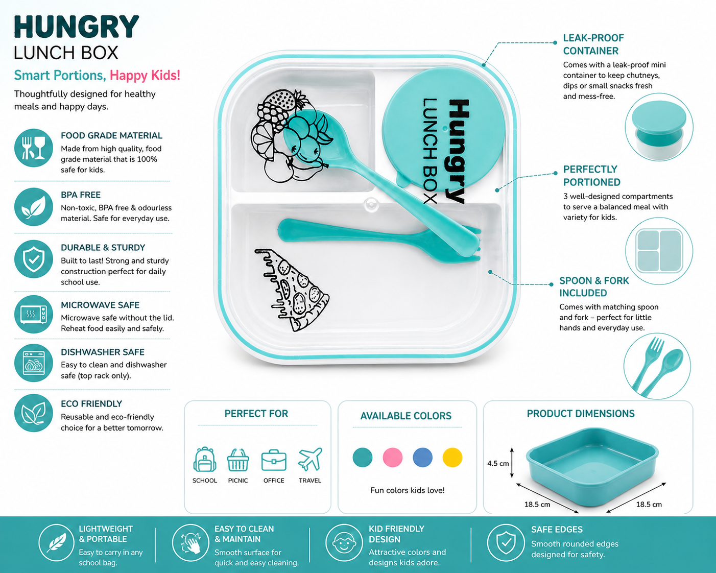 Hungry Kids Bento Lunch Box Set – 3 Compartment Meal Container with Leak-Proof Mini Dip Jar, Spoon & Fork – BPA-Free, Microwave & Dishwasher Safe